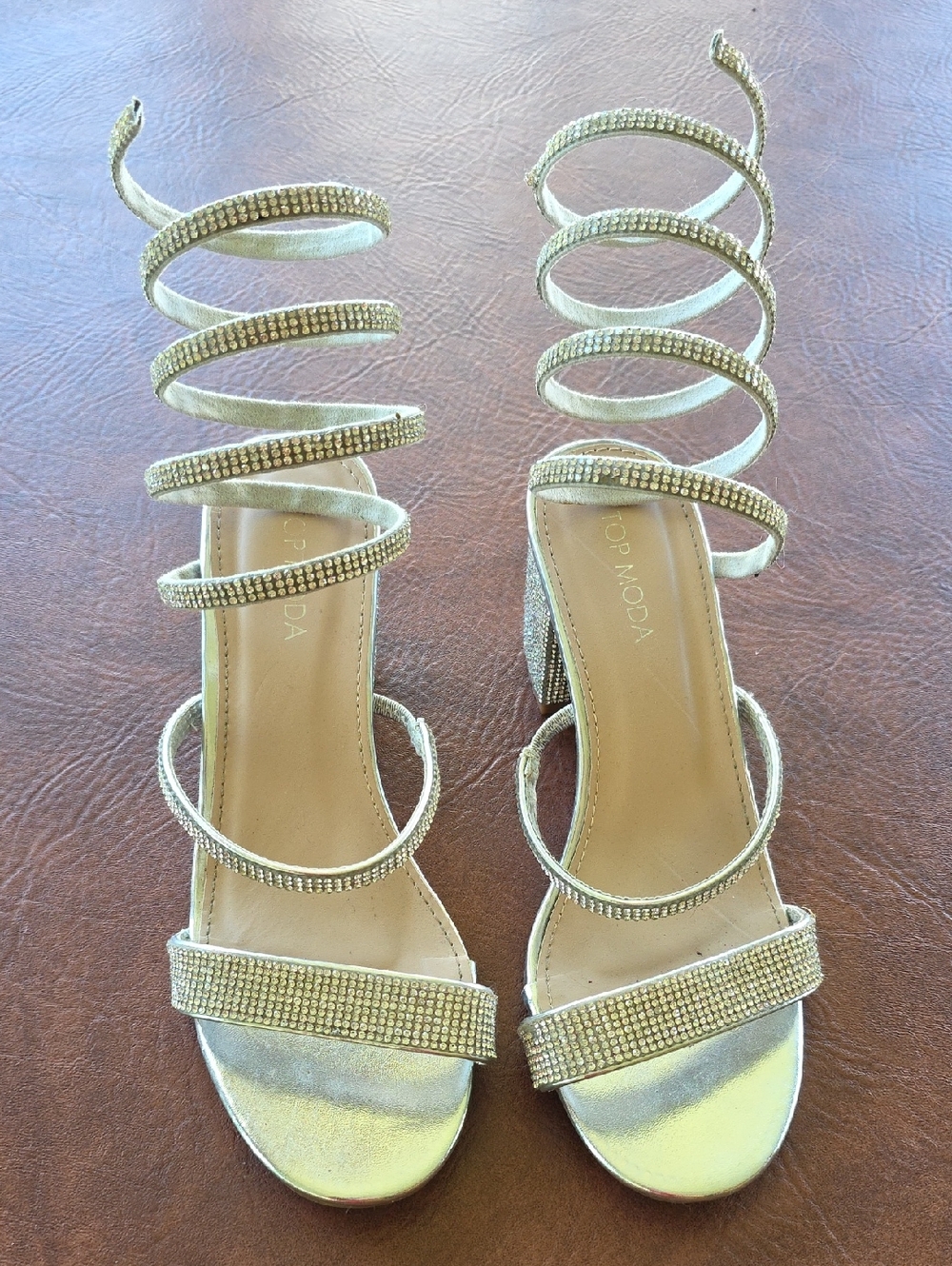 TOP Moda Gold Spiral Rhinestone Wrap Heels